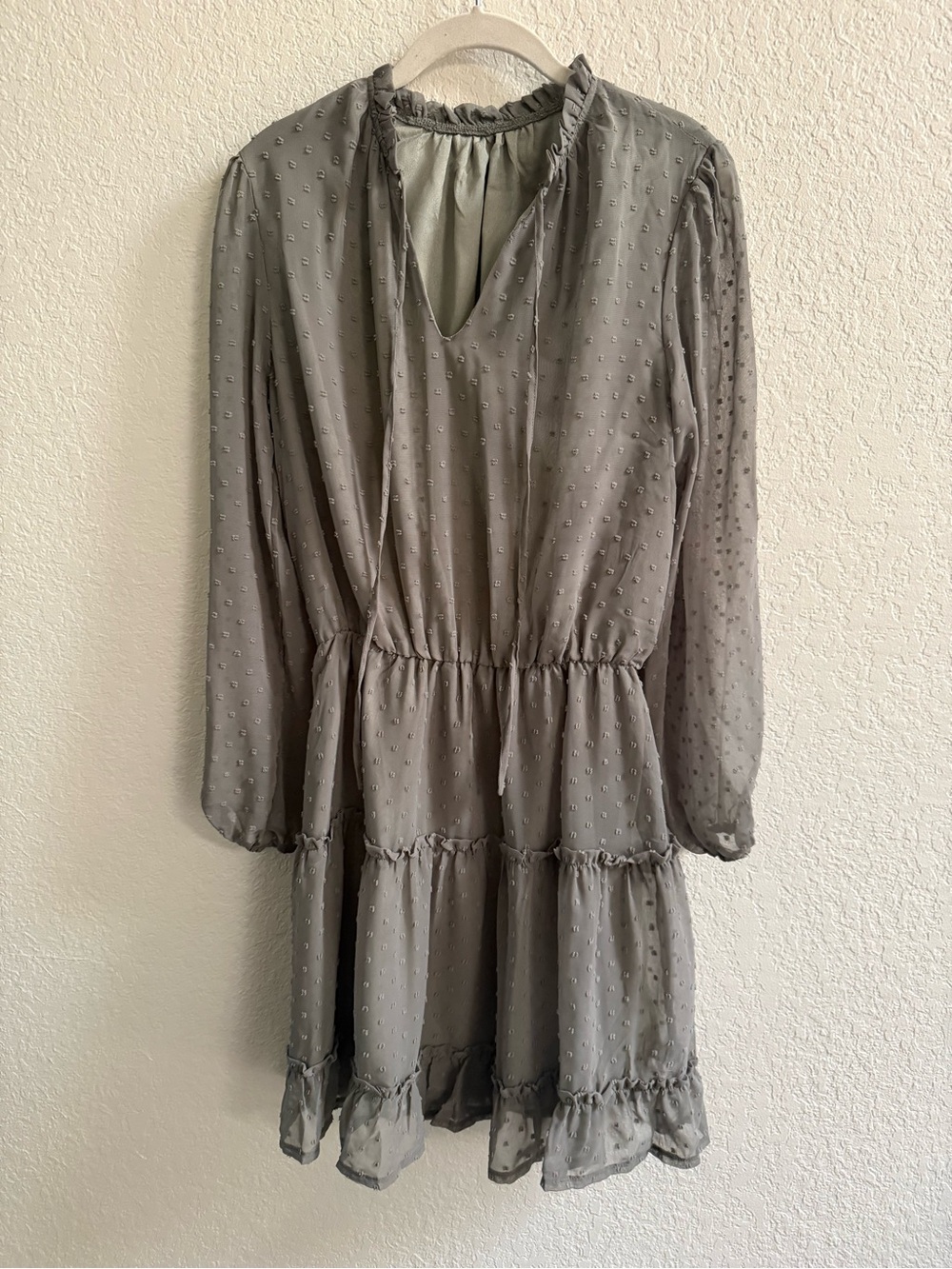 Light Olive Green Swiss Dot V-Neck Dress
